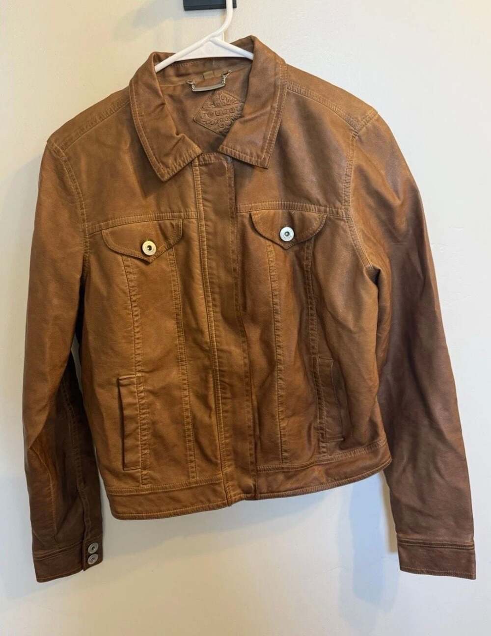 Joujou Faux Leather Distressed Brown Trucker Jacket Size L